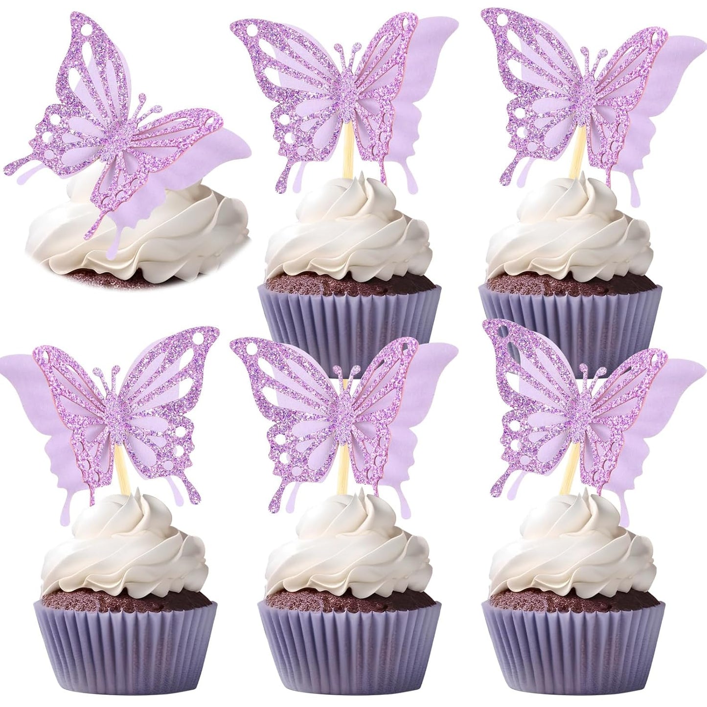 Chinco 48 Pcs Butterfly Cupcake Toppers Assembled Double Layer Cupcake Topper 3D Glitter Cake Topper Butterfly Cocktail Pick Decoration for Baby Shower Birthday Wedding(Glitter Purple,Retro Style)