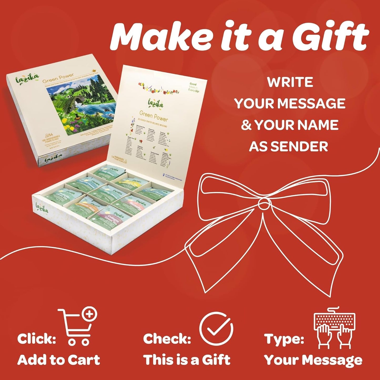 Lazika Green Tea Variety Pack with Lovely Presentation Box, 54 Counts, Green Tea Assortment Gift Set, Premium Collection with Pyramid Infuser Bag, Early Harvest, Handcrafted