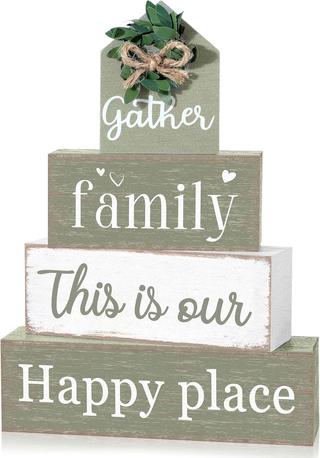 Farmhouse Table Decor Eucalyptus Leaves Wooden Block Sign Gift Gather Family This Is Our Happy Place Tabletop Centerpieces Rustic Decorations for Home Kitchen Shelf Desk Tiered Tray Decor