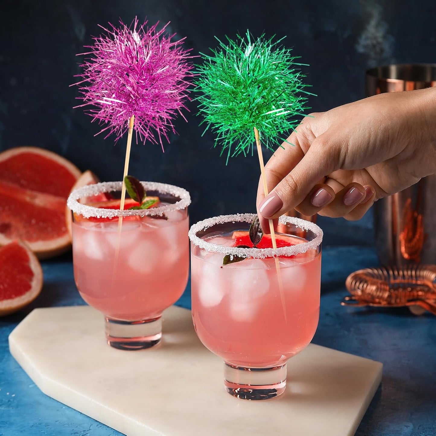 Chinco 100 Pcs Foil Firework Cupcake Toppers Sparkle Tinsel Cake Toppers Cake Decoration Cocktail Fruit Toothpick for Birthday Wedding Graduation Party(Pink, Gold)