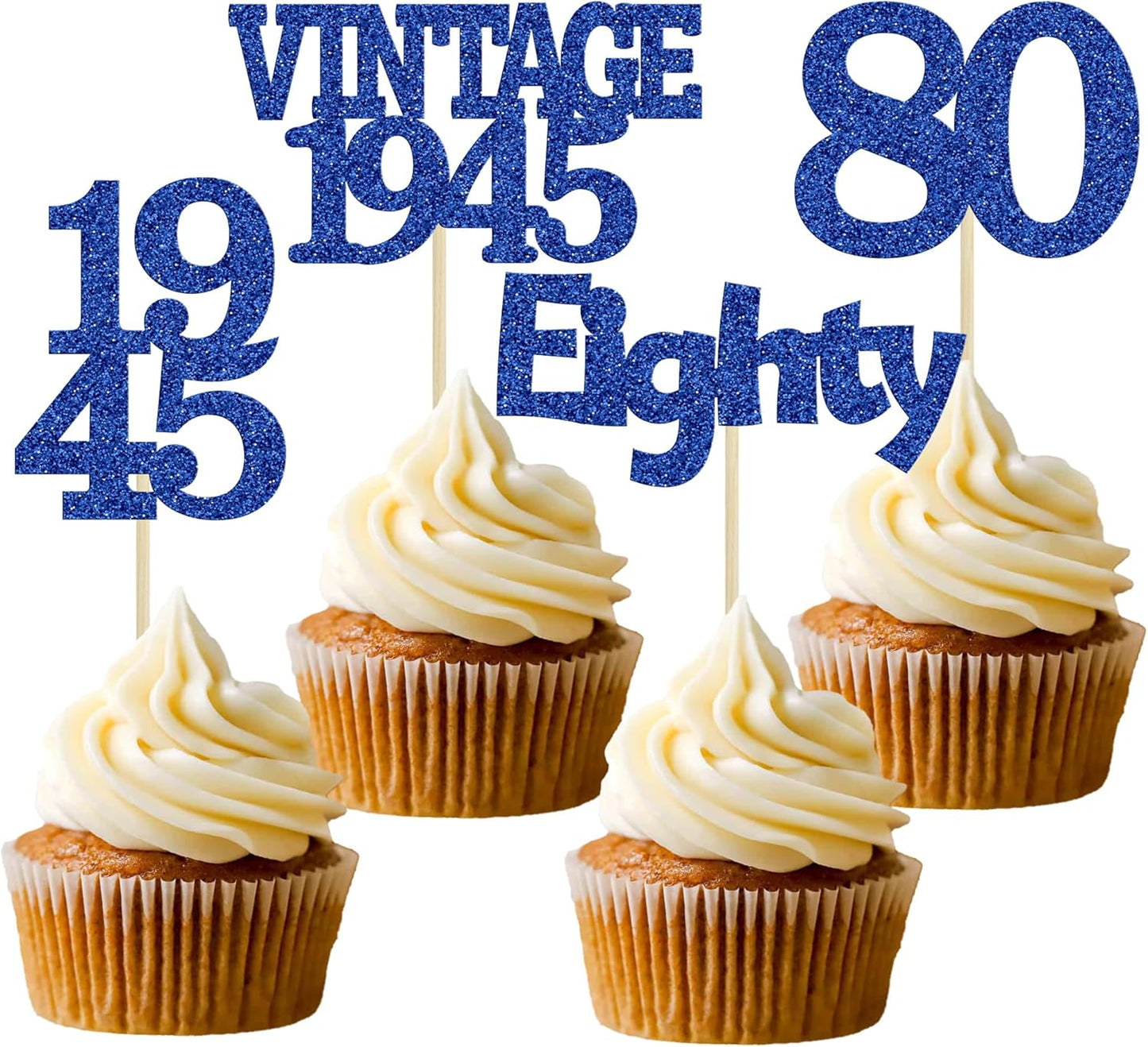 Gyufise 24Pcs Vintage 1945 Cupcake Toppers Glitter Cheers to 80 Fabulous Eighty Cupcake Picks 80th Birthday Wedding Anniversary Party Cake Decorations Supplies Deep Blue