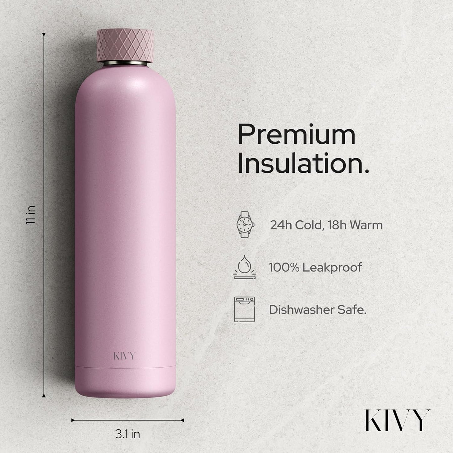 KIVY Stainless Steel Insulated Water Bottle 32oz | Slim Water Bottle for Travel, Car, Gym, Cupholder, Backpack side pocket - Slim water bottle no straw - Skinny water bottle screw top