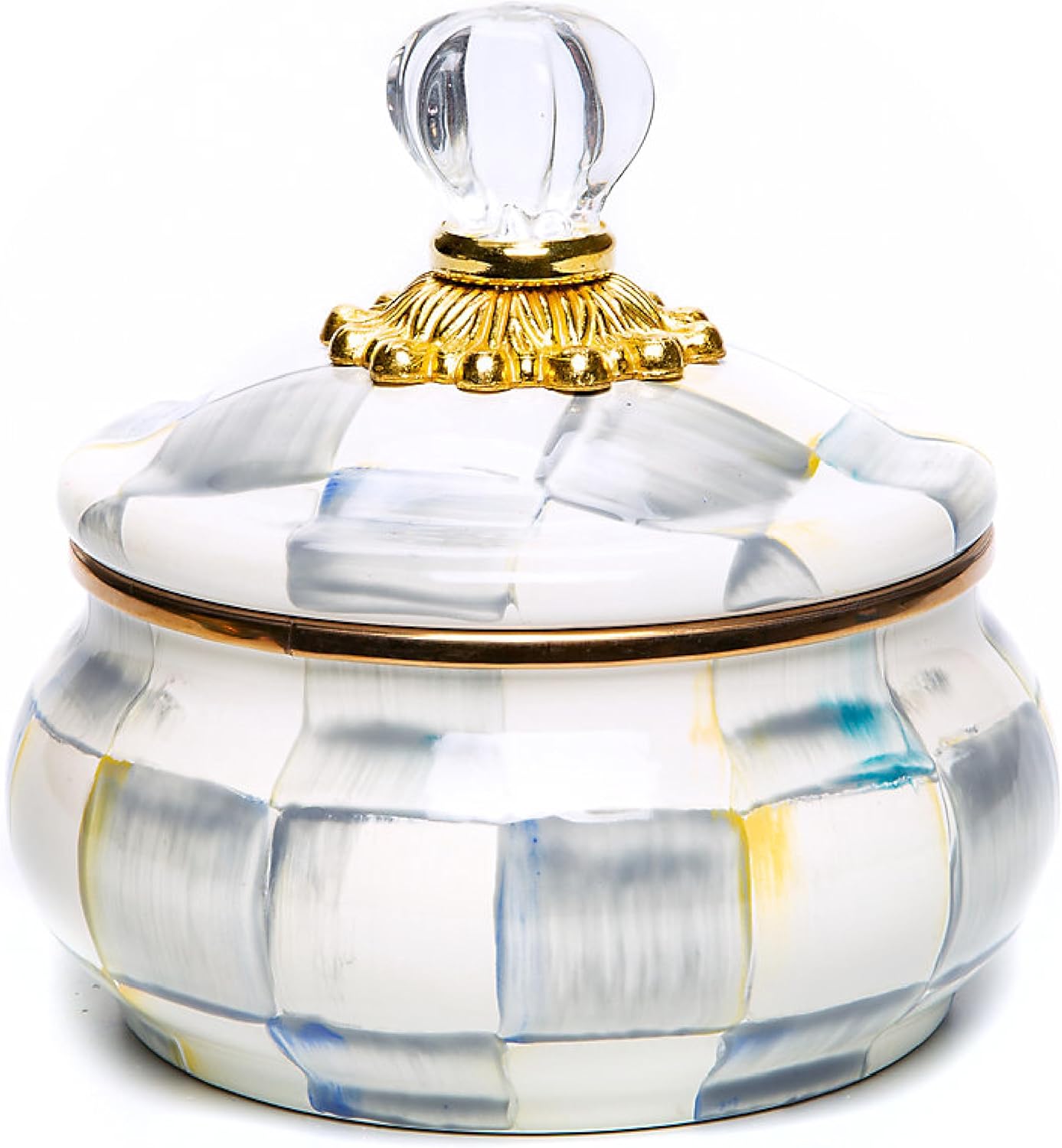 MACKENZIE-CHILDS Enamel Squashed Pot, Cute Enameled Container with Lid, 20 Ounces, Gray-and-White Sterling Check