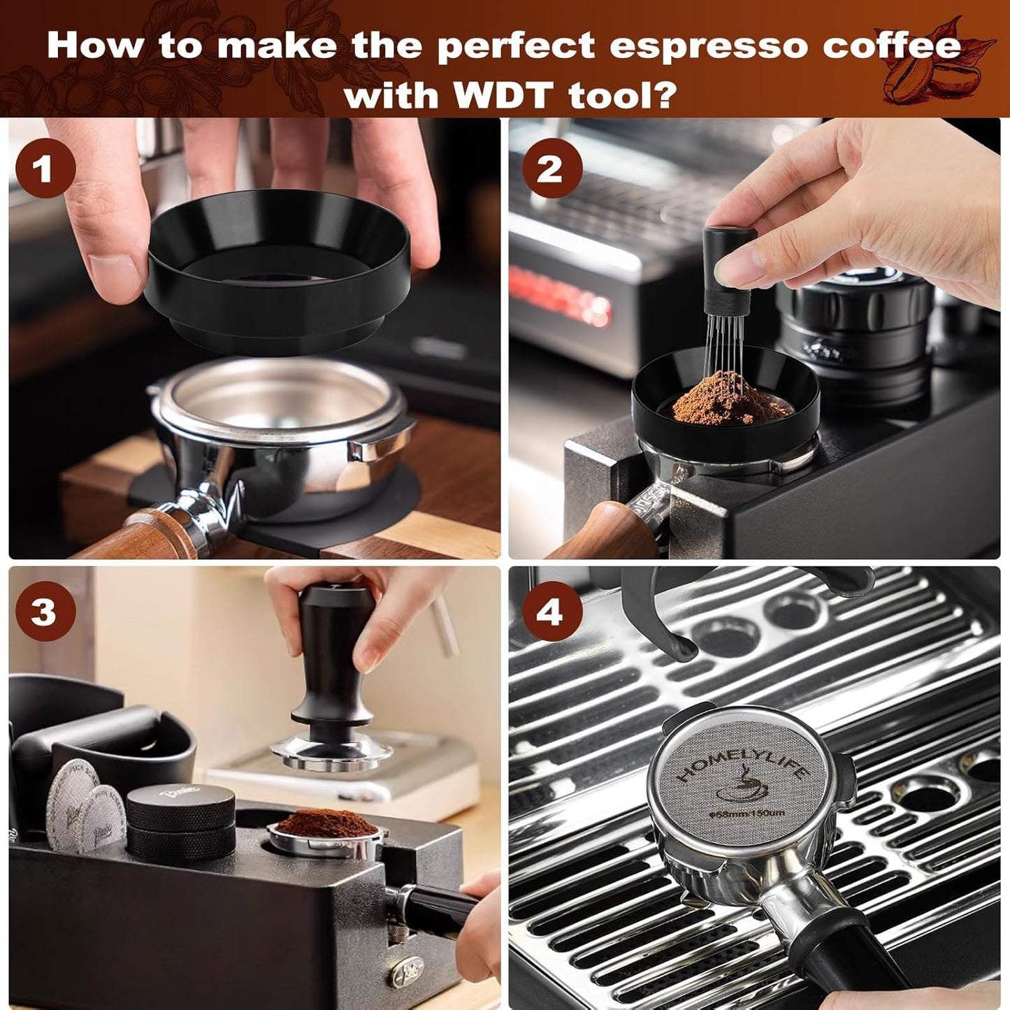 WDT Tools Espresso Puck Screen, 58mm Espresso Accessories Kit - 150μm Puck Screen Set, 0.25mm 316 Stainless Steel 8 Needles Coffee Distribution Stirrer, 58mm Portafilter Dosing Ring for Barista Black