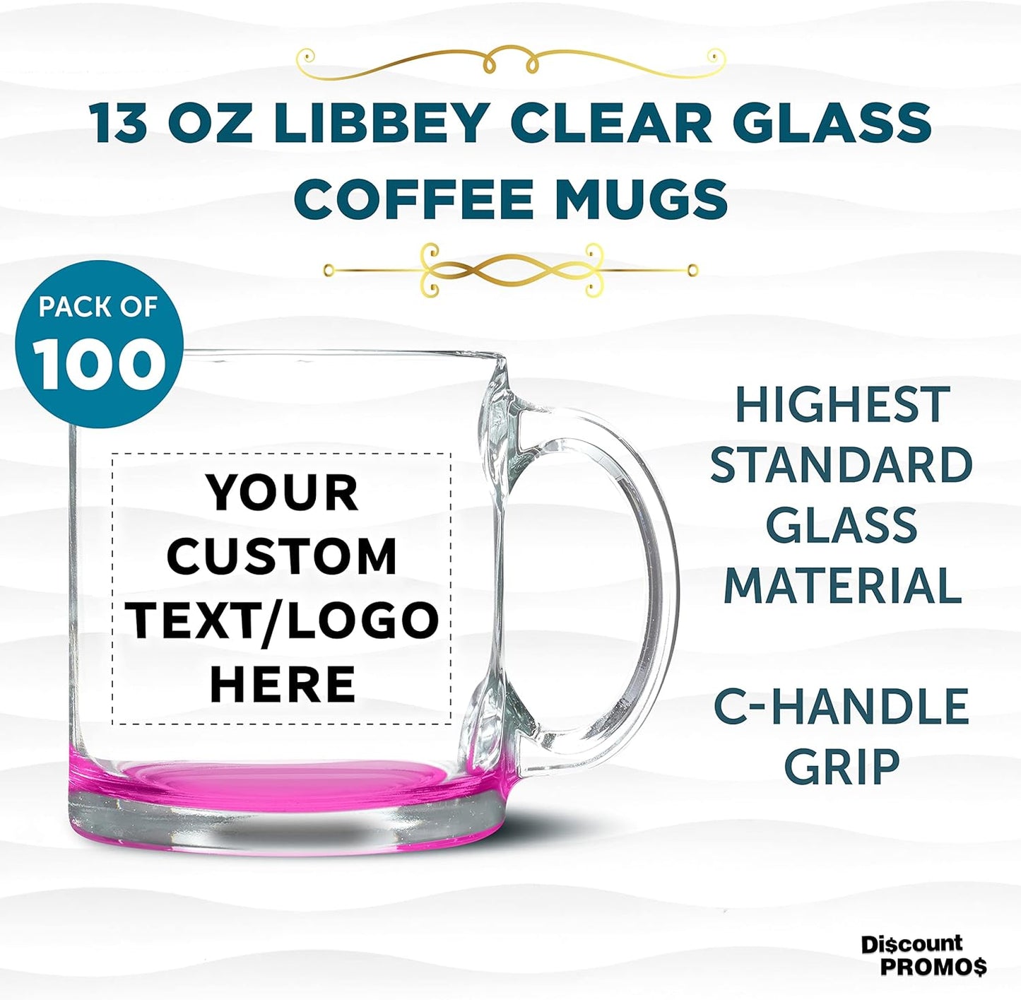 Custom Libbey Clear Glass Coffee Mugs 13 oz. Set of 100, Personalized Bulk Pack - Perfect for Coffee, Tea, Espresso, Hot Cocoa, Other Beverages - Pink Bottom