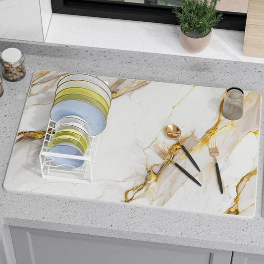 Large Stone Drying Mat for Kitchen Counter, 24" × 16" Diatomite Dish Drying Mat, Quick Dry Stone Mats, Ultra Absorbent Natural Diatomaceous Earth Mats for Dished, Bottles, White Marble