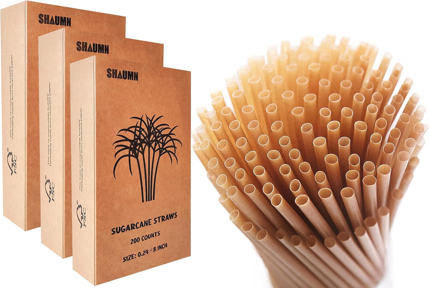 600pcs Compostable Biodegradable Sugarcane Straws Disposable 8 Inch Plasticless Sturdy Smoothie Straws Not Foggy Compatible with All Lid Types