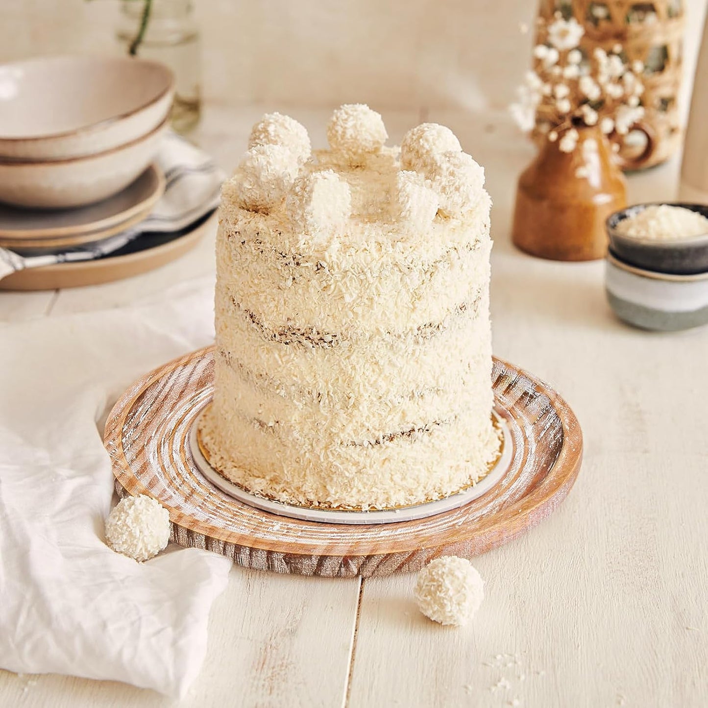 Rustic Wooden Serving Tray Set of 2 Round Wood Decorative Tray Centerpiece Dining Room Table Farmhouse Platter for Food, Fruit, and Coffee Great for Bed, Patio, Ottoman, Coffee Table, Kitchen or Party