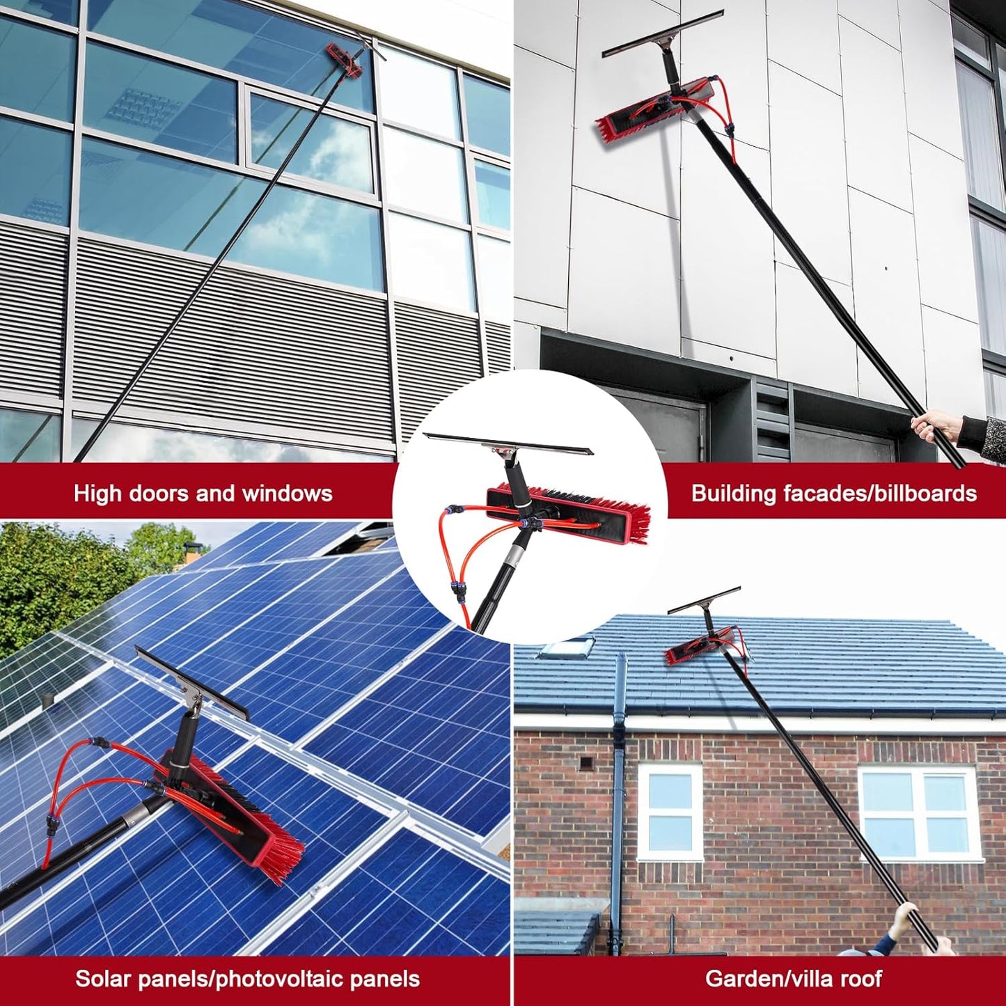 16.5ft Water Fed Pole Kit, Rotatable Solar Panel Cleaning Brush & Squeegee, 2 Dusting Brush, Extendable Black Lightweight Pole for Roof Window