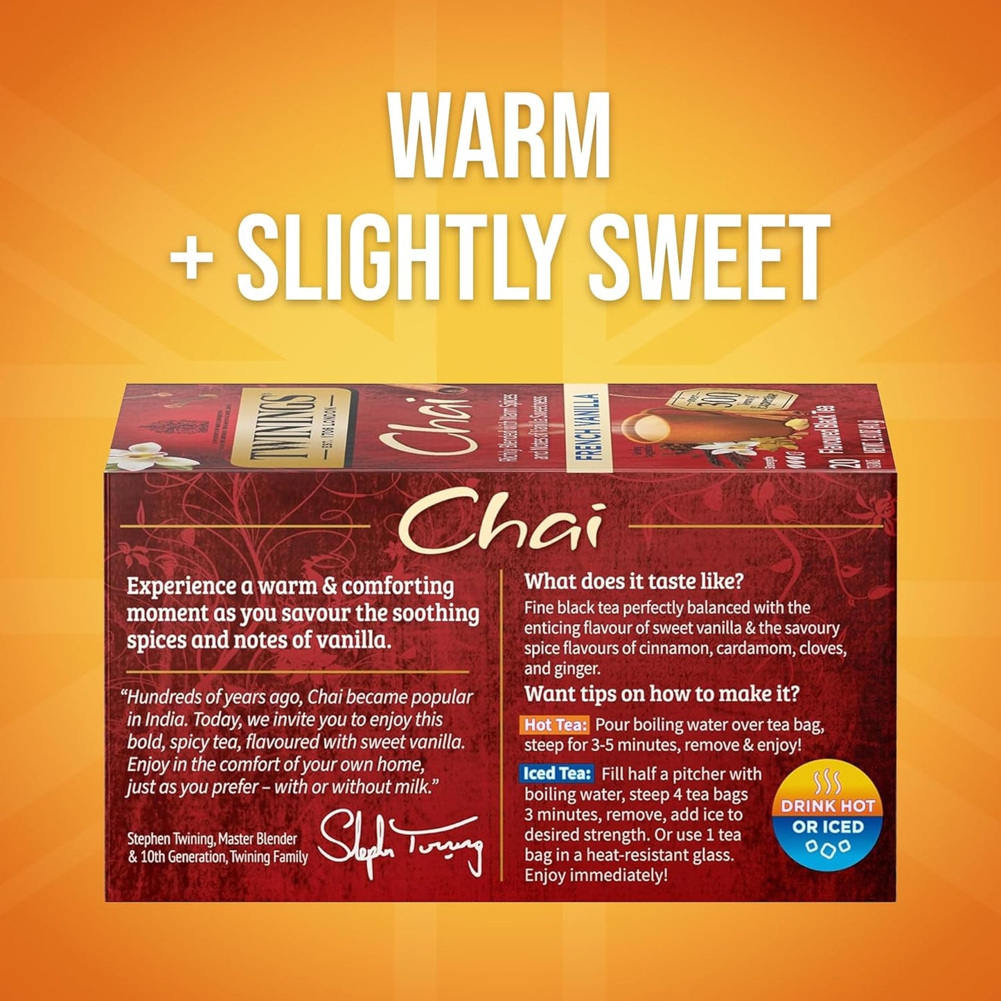 Twinings French Vanilla Chai Black Tea Individually Wrapped Bags, 20 Count (Pack of 6), Warm, Sweet & Spicy, Caffeinated, Enjoy Hot or Iced, 120 Teabags
