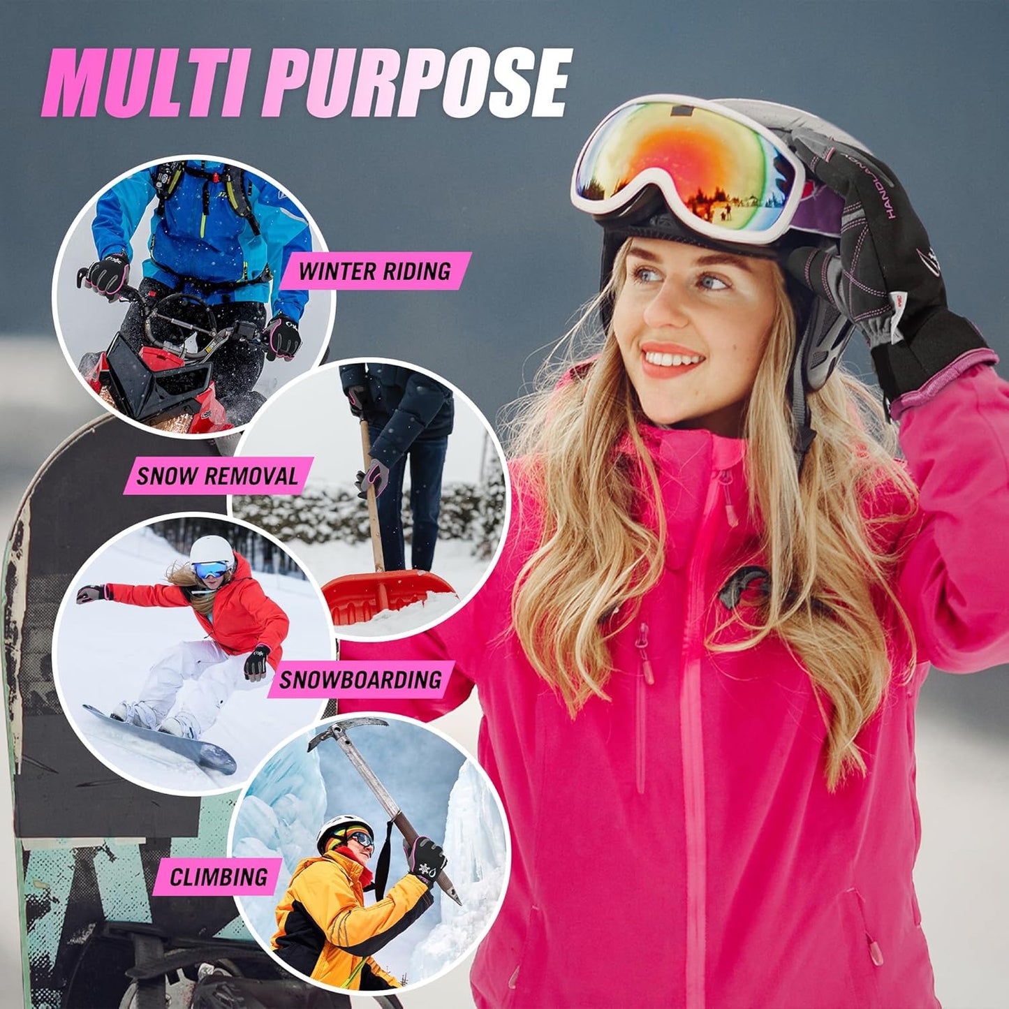 HANDLANDY Waterproof Insulated Work Gloves, 3M Thinsulate Thermal Winter Gloves for Men Women Touch Screen, Warm Ski Snowboard Cold Weather Gloves (Large, Pink)