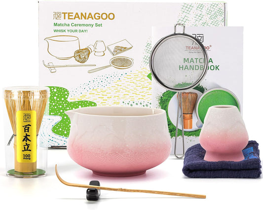 TEANAGOO 7 Pcs Matcha Whisk Set, Pink Matcha Set, Ceremony Matcha Powder Kit,Matcha Tea Set for Making Latte,Matcha Whisk Set and Bowl with Scoop&Sifter,Fuji Design Ceramic Bowl,Gift for Matcha Lovers