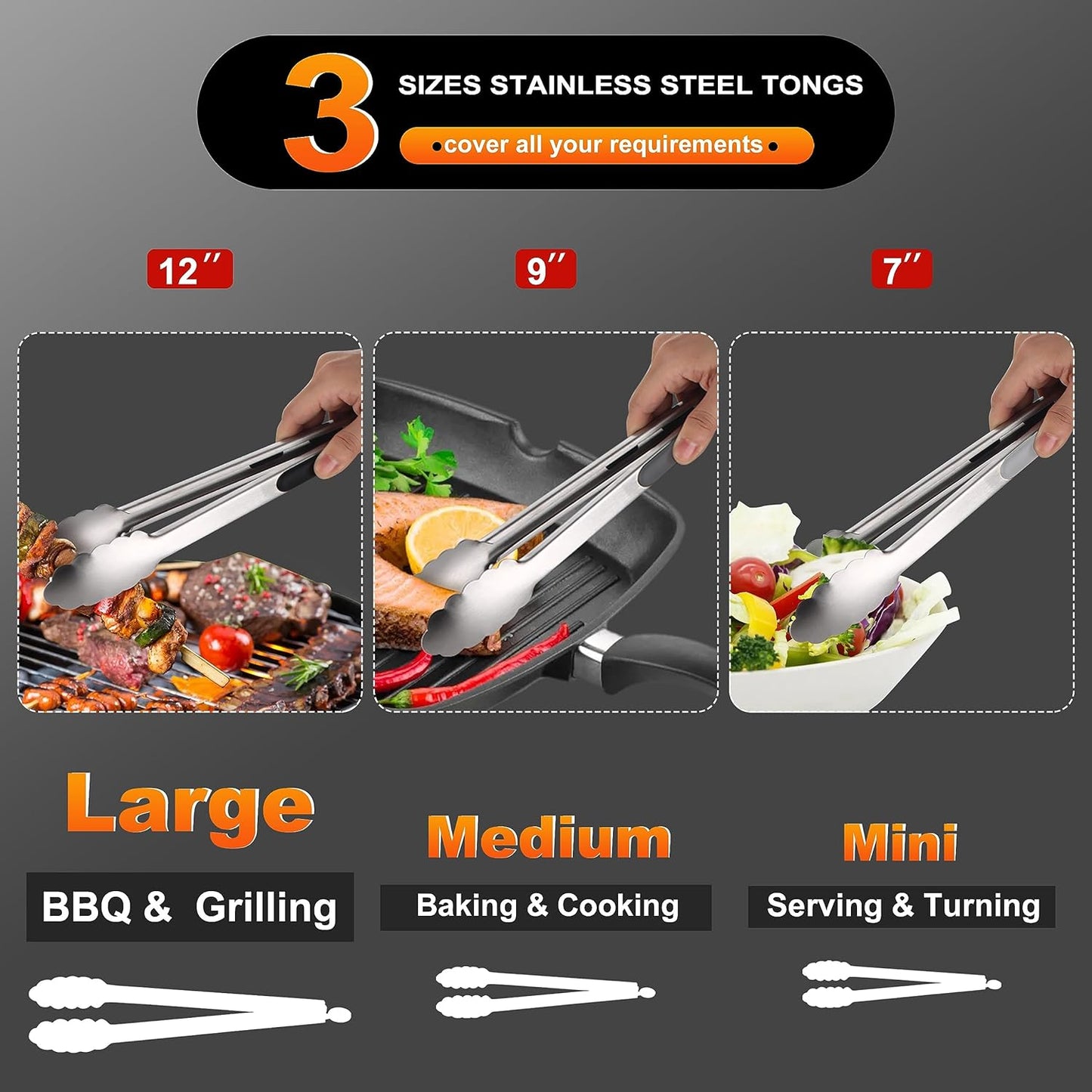 Anaeat Stainless Steel Locking Tong Set of 3 - Premium 7, 9 and 12 inch Kitchen Food Tongs with Non-Slip Silicone Tips and Grip for Serving, Cooking, Baking and BBQ - Heavy Duty & Heat Resistant