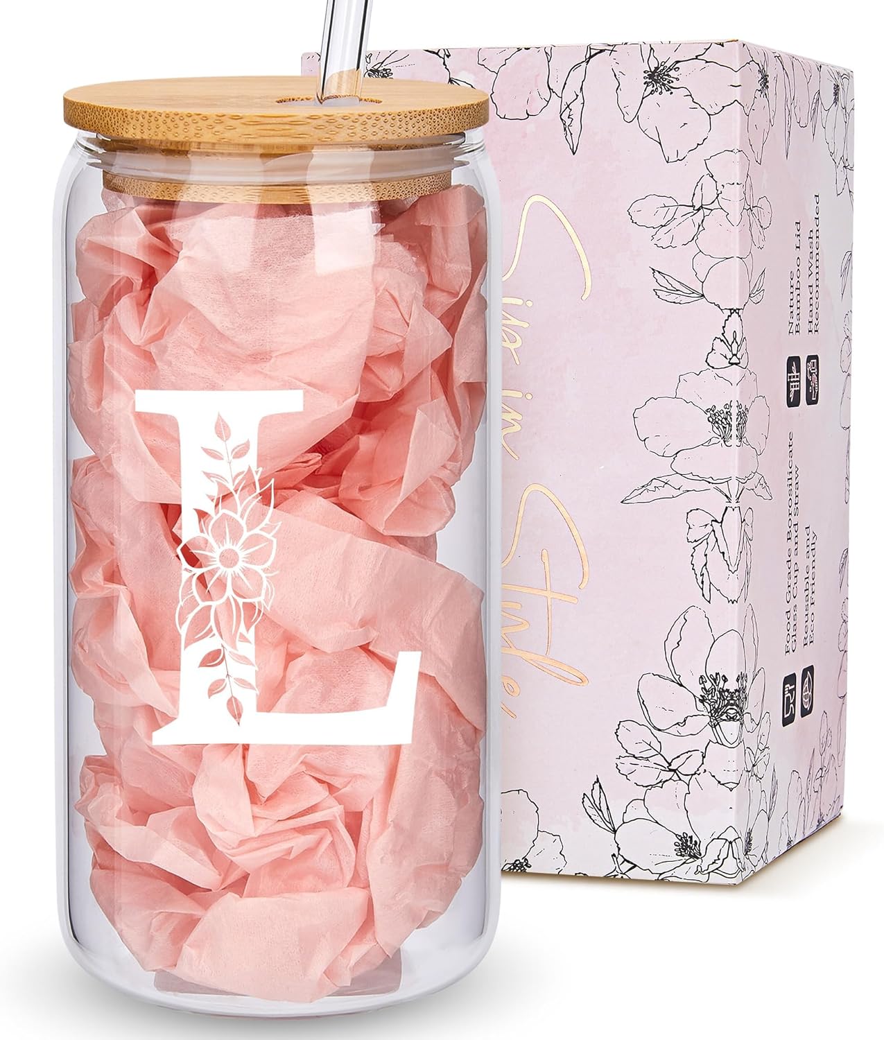 Personalized Gifts for Women, Monogrammed Glass Cups with Lids and Straws, Custom Tumbler, Cute Customized Mug, Aesthetic Stuff, Initial Iced Coffee Cup, Drinking Glasses, Birthday Teacher Gifts, L