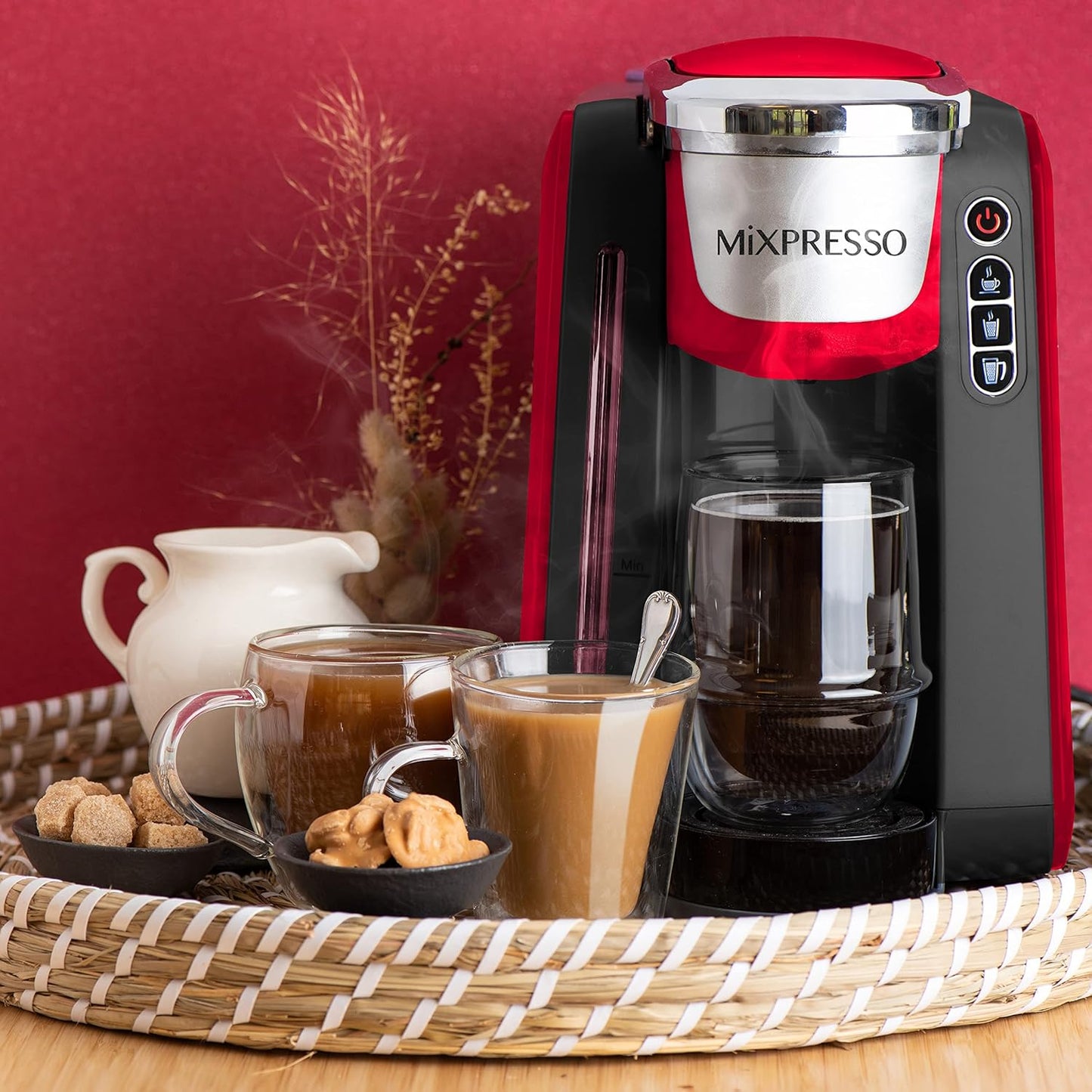 Mixpresso Single Cup Coffee Maker Compatible With 1.0 & 2.0 Single Cup Pods, Removable 45oz Water Tank, Quick Brewing with Auto Shut-Off, One Touch Function (Red/Black)