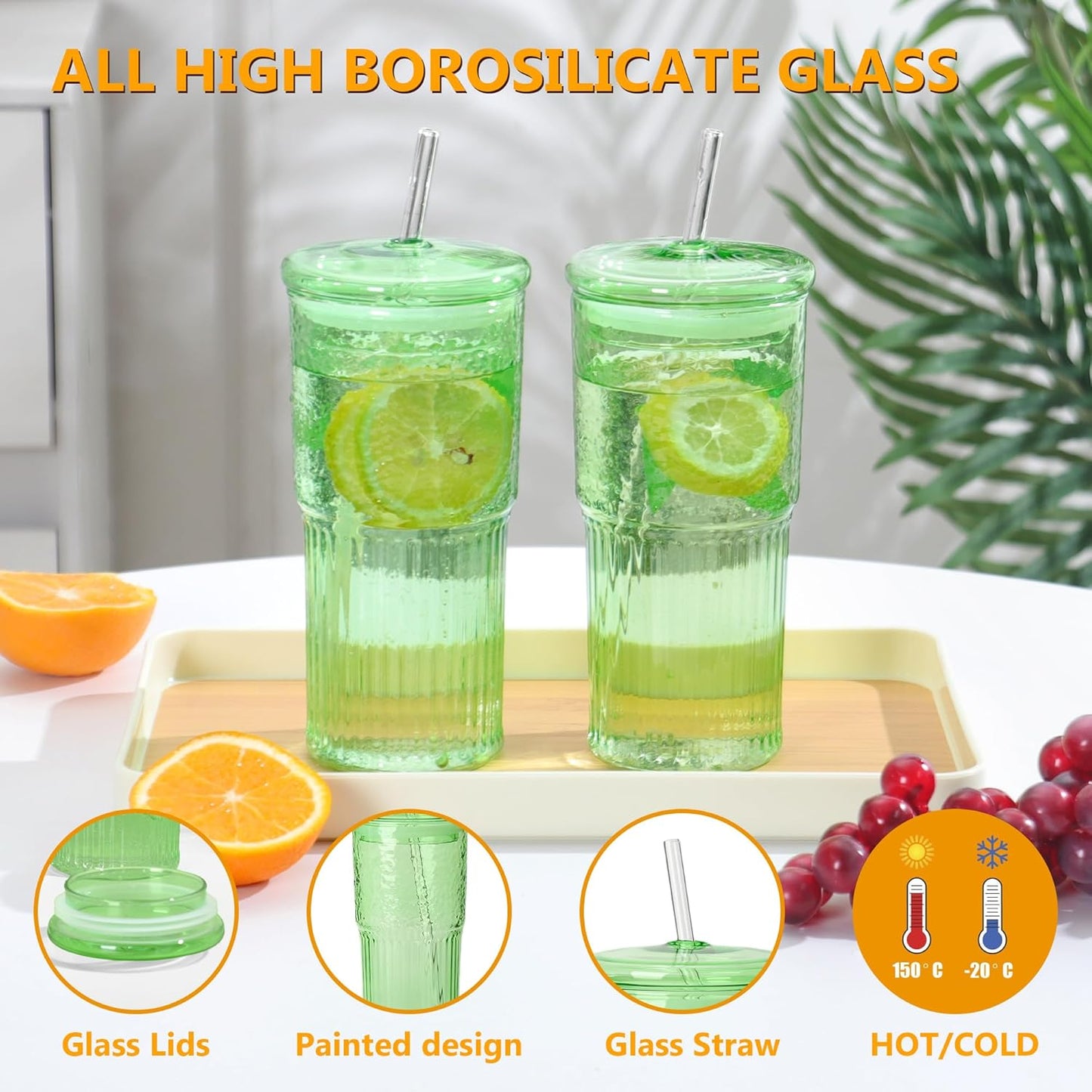 20 OZ Glass Cup with Lids and Glass Straws, High Borosilicate Iced Coffee Glass Tumblers with Lid and Straw for Drinks, 2pcs Reusable Wide Mouth Smoothie Cup(Green)