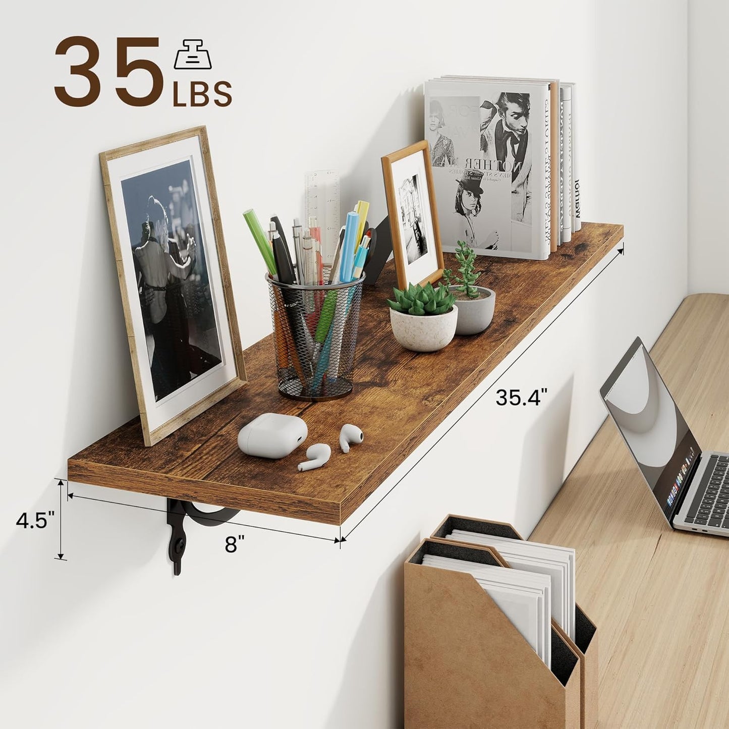 RICHFOCUS Floating Shelves for Wall Decor, 35.4W x 8D Wall Shelves Set of 2, 8 Inch Deep Rustic Wood Shelves Wall Mounted with Brackets, Long Shelves for Living Room Bedroom Kitchen, Rustic Brown