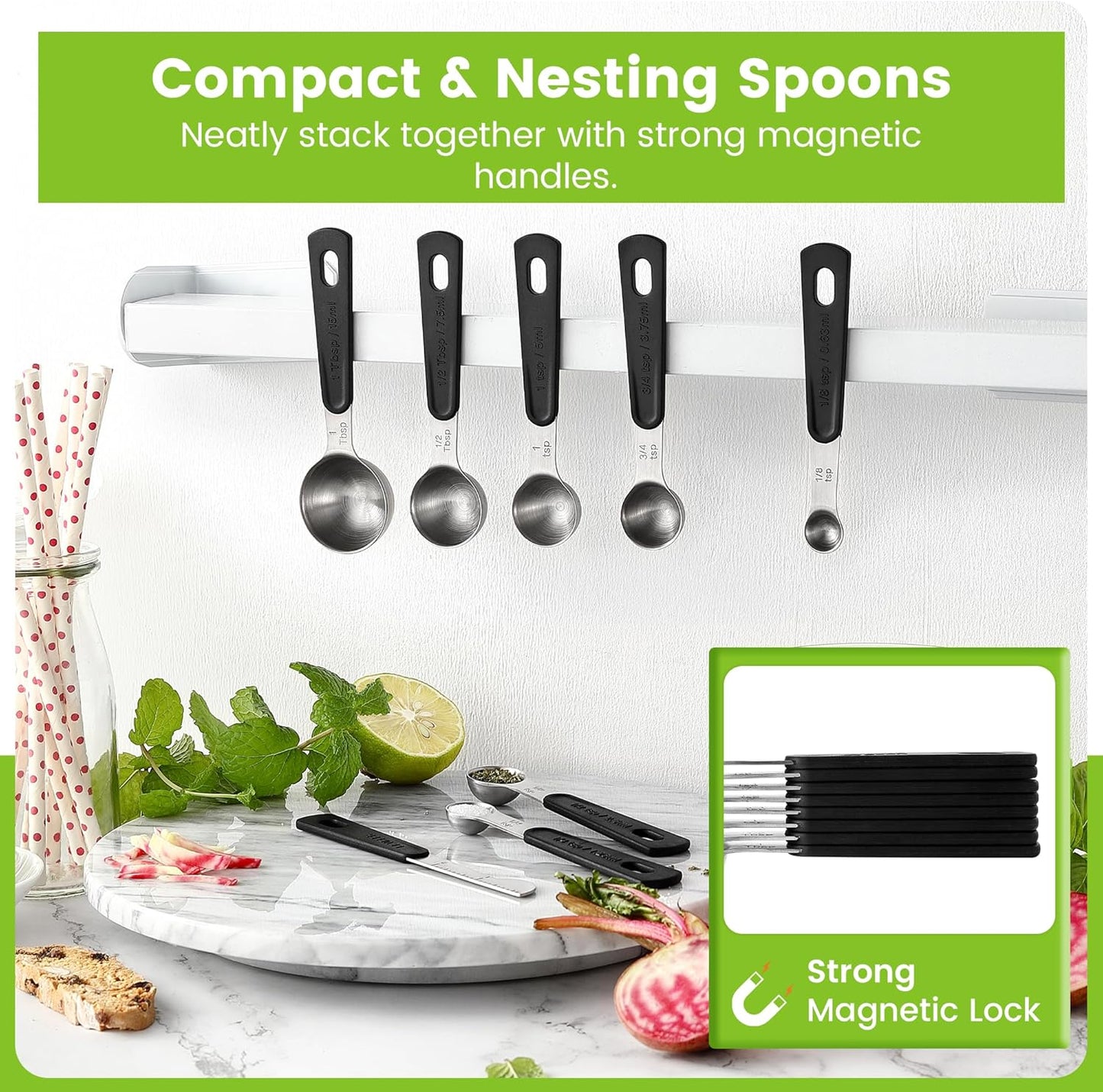 Spring Chef Stainless Steel Magnetic Measuring Spoons Set of 8 with Leveler, Round Metal Teaspoon & Tablespoon Measuring Spoons - Kitchen Gadgets For Baking and Cooking