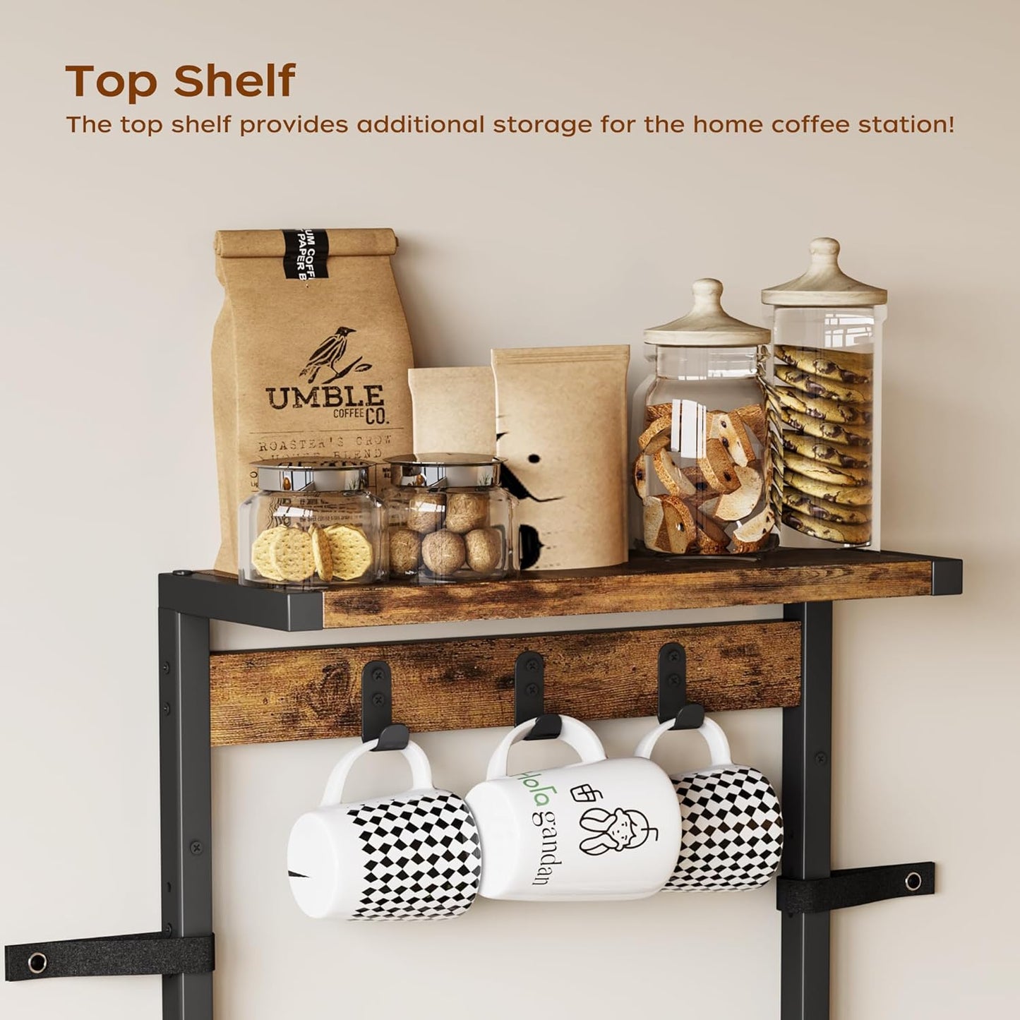 Homeiju 14-Hook Large Coffee Mug Holder for Countertop/Wall Mounted,4 Tier Coffee Cup Holder with Top & Bottom Storage Shelf,Adjustable Hook & Shelves,Mug Tree for Home Bar,Coffee Station