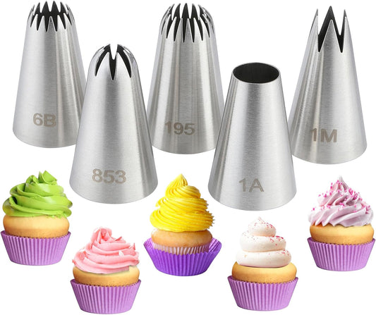 5PCS Large Piping Tips Set, COKUMA Stainless Steel Cake Decorating Tips, Frosting Icing Tips for Cupcakes, Cake, Cookie and Decorating (Dishwasher Safe)