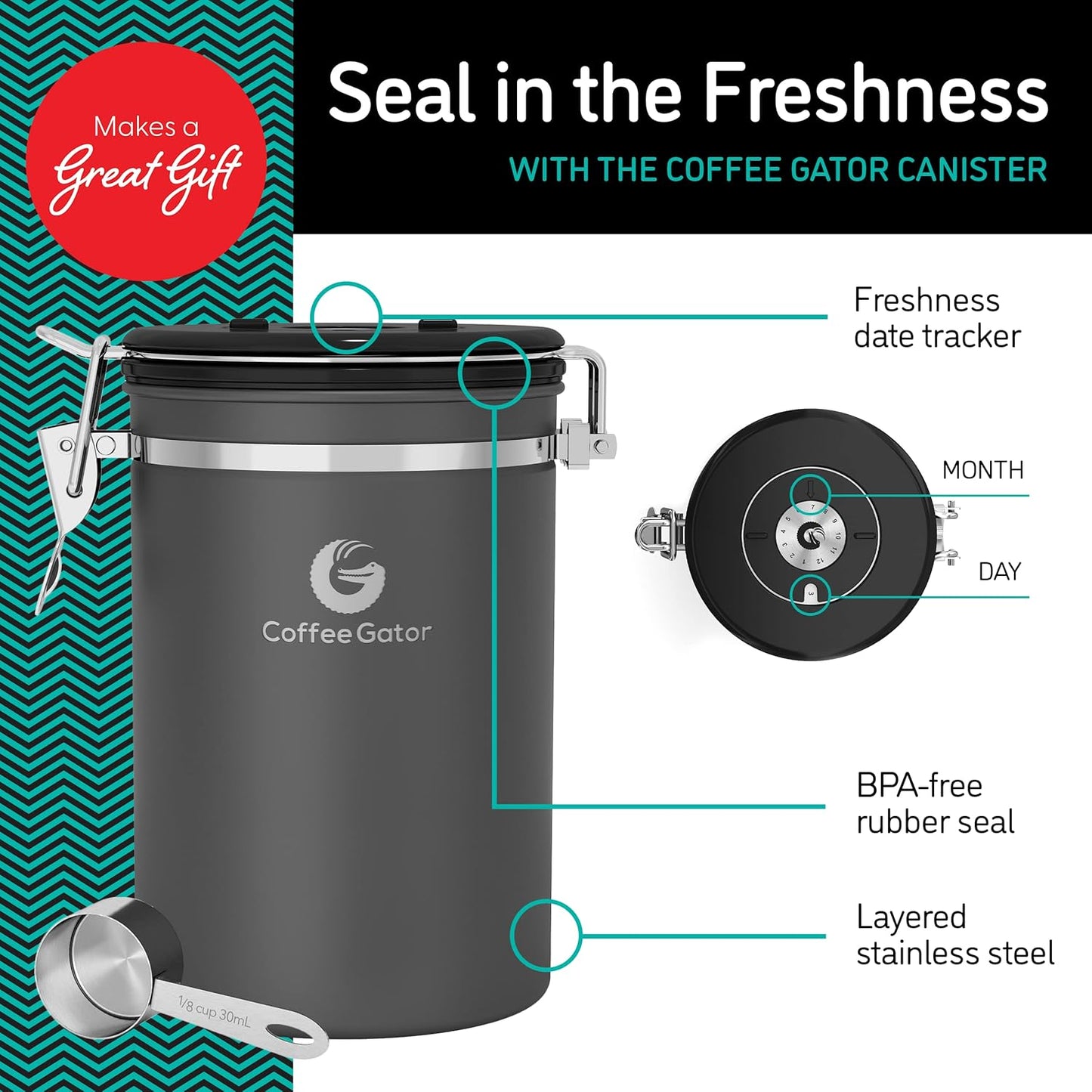 Coffee Gator Coffee Canister - 22oz, Airtight Stainless Steel Kitchen Food Storage Container with Date Tracker, Scoop for Grounds Coffee Bar Accessories, Beans, Tea, Sugar, Flour, Cereal - Silver