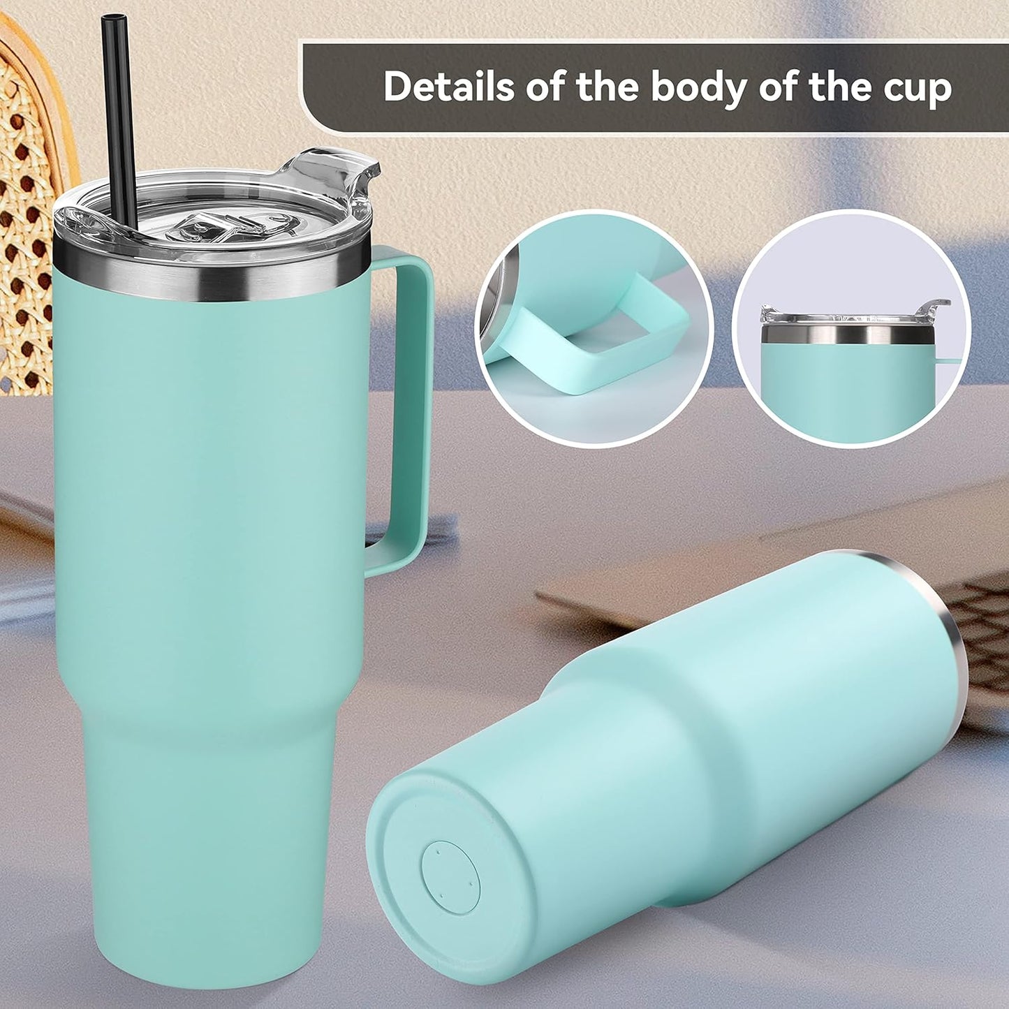 HASLE OUTFITTERS 40 oz Stainless Steel Tumbler with Handle, Vacuum Insulated Tumblers Bulk, Reusable Double Wall Travel Coffee Mug, Durable Powder Coated Water Bottle(Mint Green, 1)