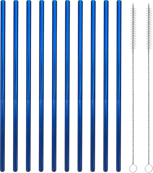 10 Pcs Stainless Steel Straws, Reusable Drinking Straws, Straight Metal Straw Sets with 2 Pcs Cleaning Brushes (8.5 Inch, Blue)