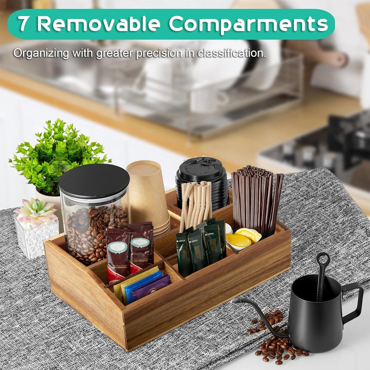ALELION Acacia Wood Coffee Station Organizer for Countertop - 7 Compartments Coffee Bar Accessories and Organizer with Removable Dividers - Coffee and Tea Condiment storage Organizer