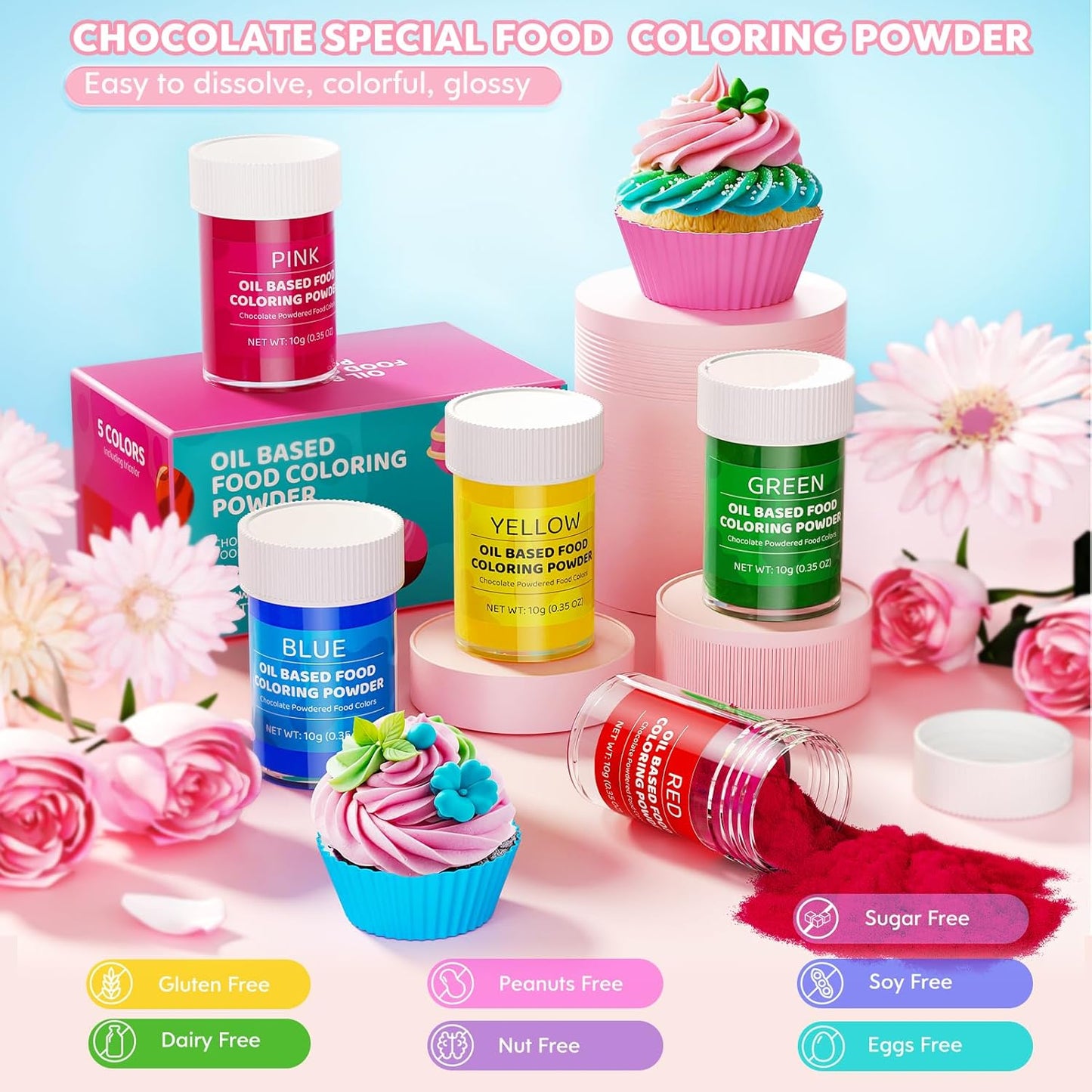 Oil Based Food Coloring Powder for Chocolate 5 Colors Powdered Edible Food Dye for Sugar Candy Melts Oil Frosting Icing Dye for Backing Cookies Fondant Food Color for Cake Decorating - 10g/ Bottles