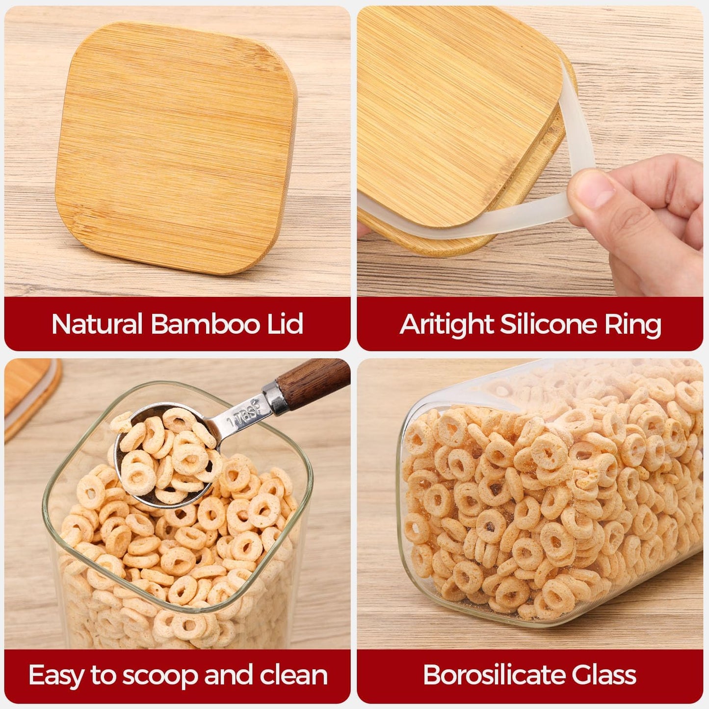 Rectangle Glass Storage Containers with Lids, Glass Jars with Bamboo Lids for Spaghetti, Pasta, Kitchen Pantry Storage Containers (2 pack 2.2qt)