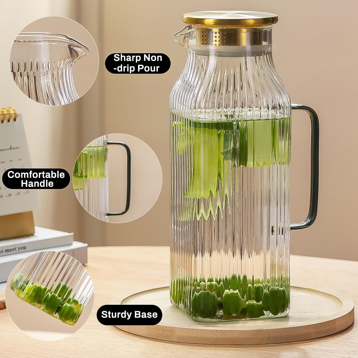 Square Glass Pitcher with Lid and Spout,68 oz/2 Liter Vertical Stripes Water Pitcher for Fridge, Borosilicate Glass Water Carafe for Cold Brew, Coffee, Lemonade, Sun Tea,Heat Resistant