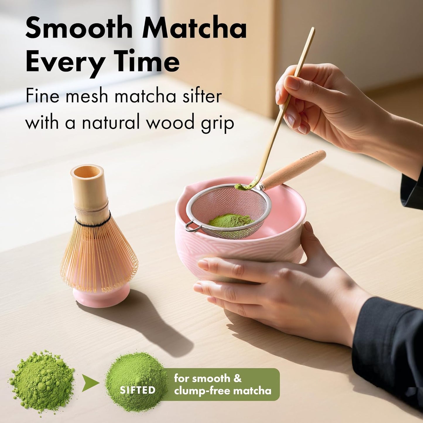 Matcha Whisk Set (7 Pcs) - Complete Matcha Set, Matcha Bowl with Spout, Whisk with Holder, Bamboo Scoop with Rest and Sifter, Perfect Kit for Matcha Lovers (Sakura Pink)