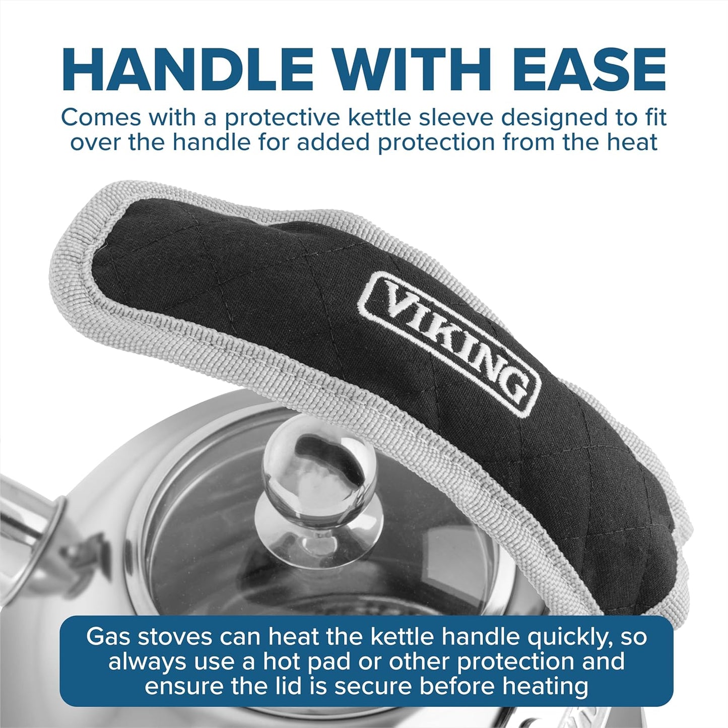 Viking 3-Ply Stainless Steel Tea Kettle, 2.6 Quart Stovetop Hot Water Pot with Tempered Glass Lid, Ergonomic Handle, Induction Ready, Satin Silver