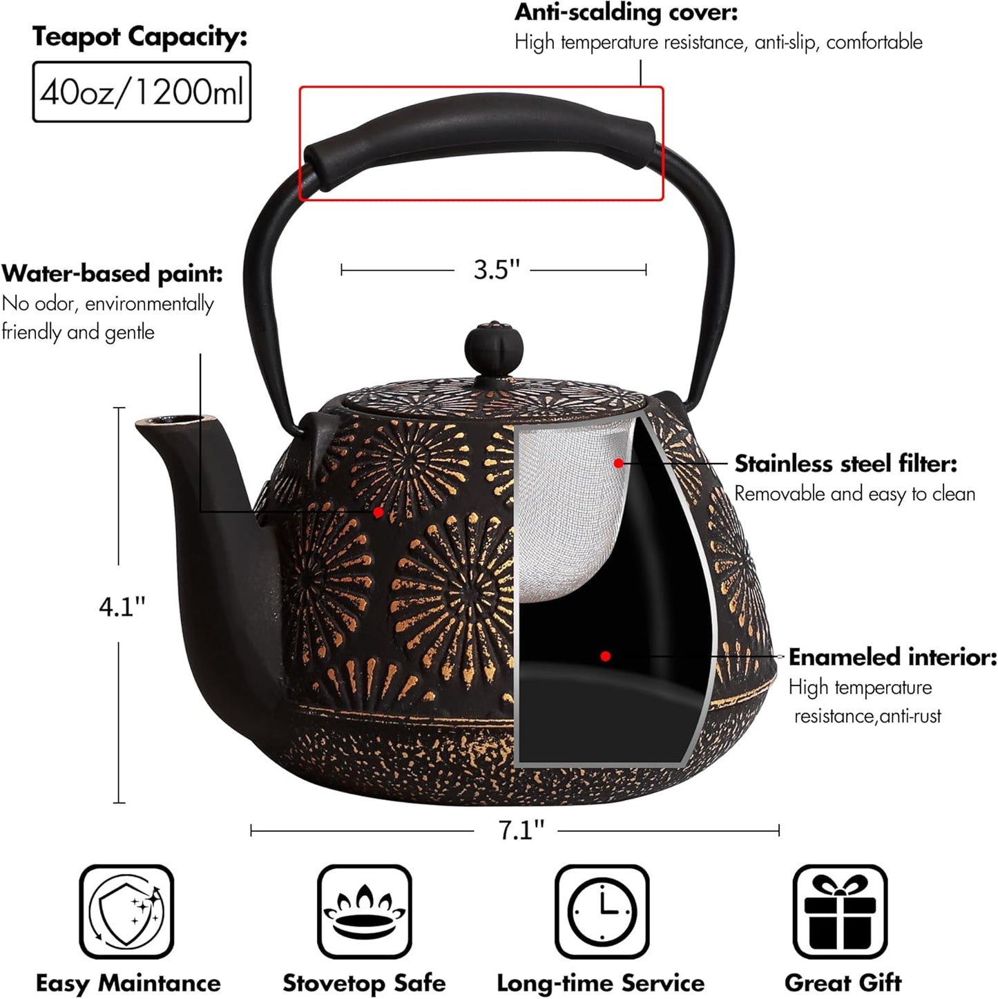 Cast Iron Teapot, 40oz Tea Kettle with Infuser for Stove Top, Sakura Design Japanese Tea Pot for Tea&Coffee Coated with Enameled Interior, Silicone Handle 1200ml black