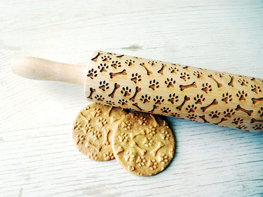 PAW and BONE EMBOSSING ROLLING PIN LASER ENGRAVED PATTERN with PAWS and BONES for EMBOSSED COOKIES or PASTA