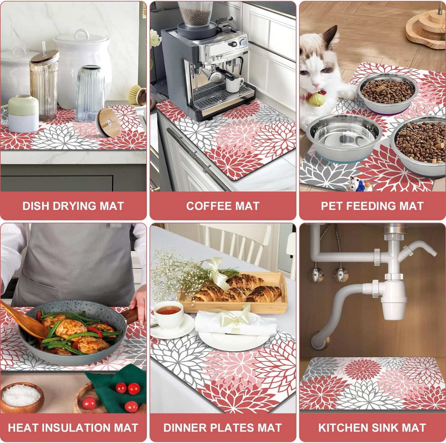 Findosom 2PCS 16" x 24" Christmas Dish Drying Mat & 24" x 5.5" Sink Splash Guard, Super Absorbent & Cuttable Dish Mat Drying Kitchen Mat with Red Floral, Hide Stain Drying Mat for Kitchen Counter