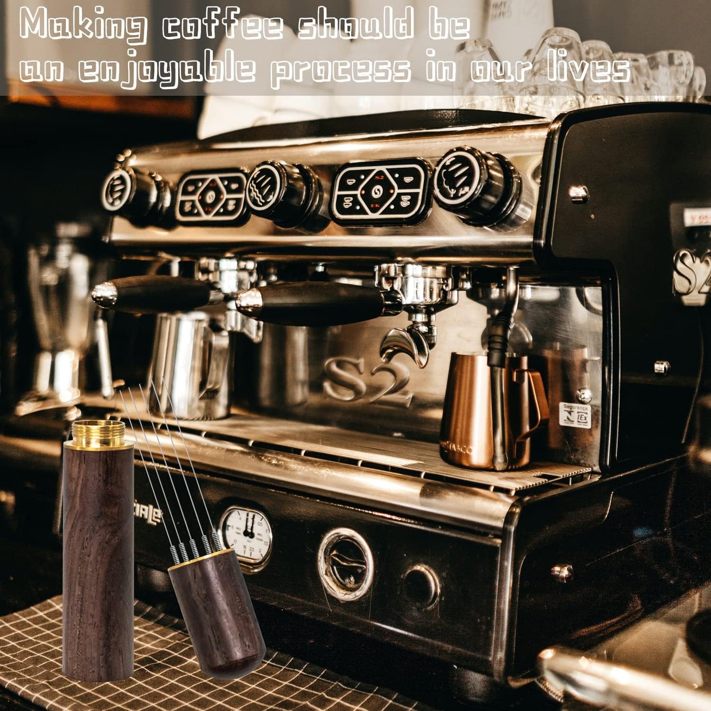 Espresso Coffee Stirrer, Espresso Distribution Tool Coffee Stirring Tool,Professional Barista Hand Needle Type Distribution Tool 5 Needles 0.4mm Natural Wood Handle and Stand