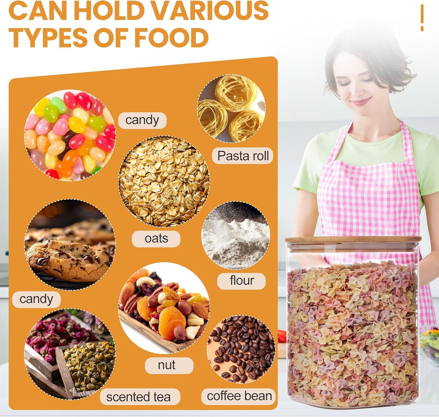 Glass Food Storage Jars 150 Set of 2,Glass Storage Containers Clear Glass Food Canister with Bamboo Lid Airtight For Serving Tea, Coffee, Flour, Sugar, Candy, Cookie, Spice and More (Square)