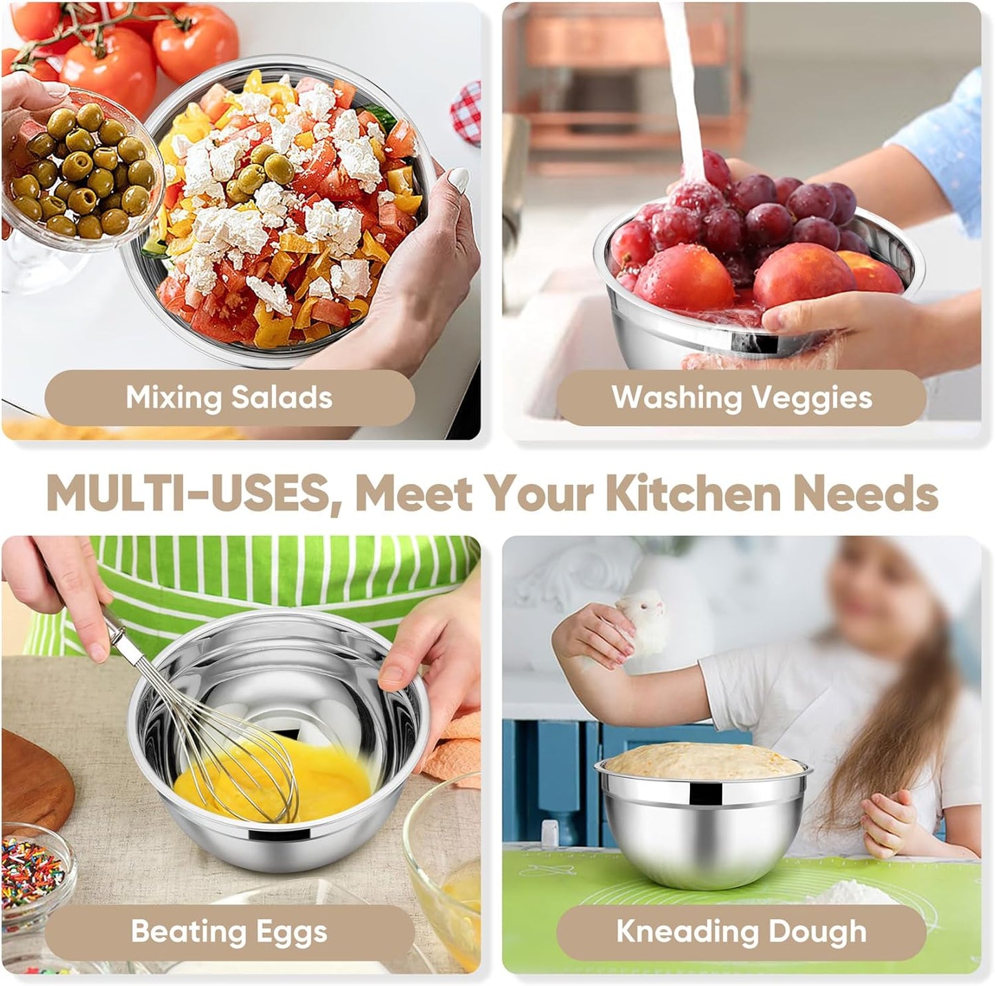 TeamFar Mixing Bowls, 4.5/3/1.5/1/0.7 QT, Stainless Steel Metal Nesting Salad Bowl with Lid Set, Ideal for Mixing Serving, Non-Toxic & Sturdy, Airtight Lid & Easy Clean, Red-Set of 5