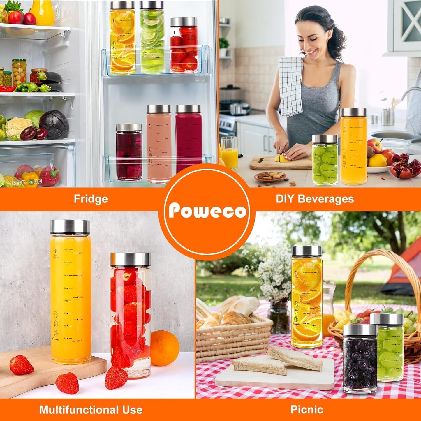 Glass Juice Bottles 4 Pack 16 oz - Wide Mouth Glass Water Bottles with Lids - for Juicing, Protein, Smoothie, Milk, Reusable, BPA Free, Stainless Steel Lids, Blender, Shaker Bottle [16oz/500ml]