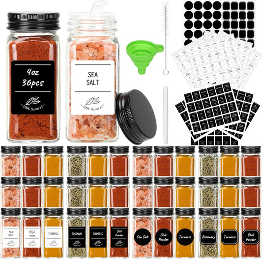 CycleMore 36 Pack 4oz Glass Spice Jars, Square Spice Containers with Black Metal Caps and Pour/Sift Shaker Lid-280pcs Labels,1pcs Silicone Collapsible Funnel and Brush Included