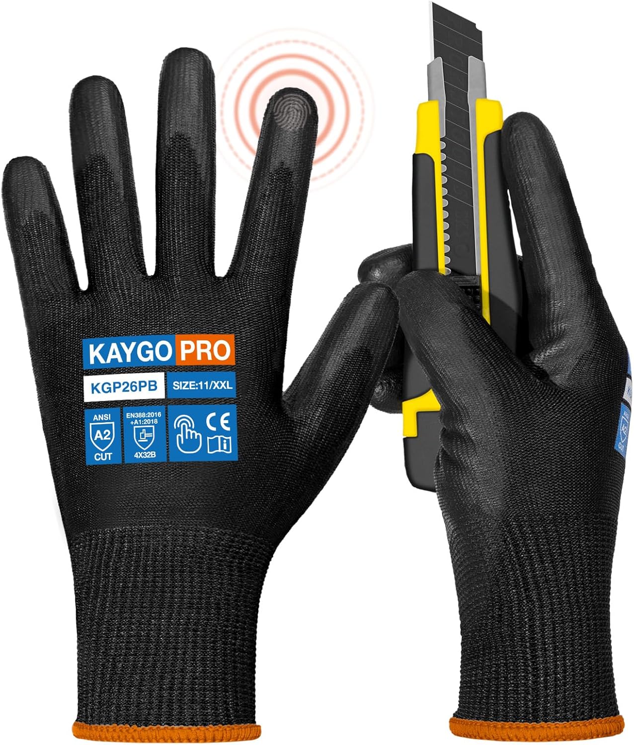 KAYGO Cut Resistant Gloves PU Coated, 12 Pairs Safety Work Gloves with full fingers Touchscreen, ANSI Cut Level A2, for Men and Women, Ideal for General Duty Work KG11P, Black,2XL