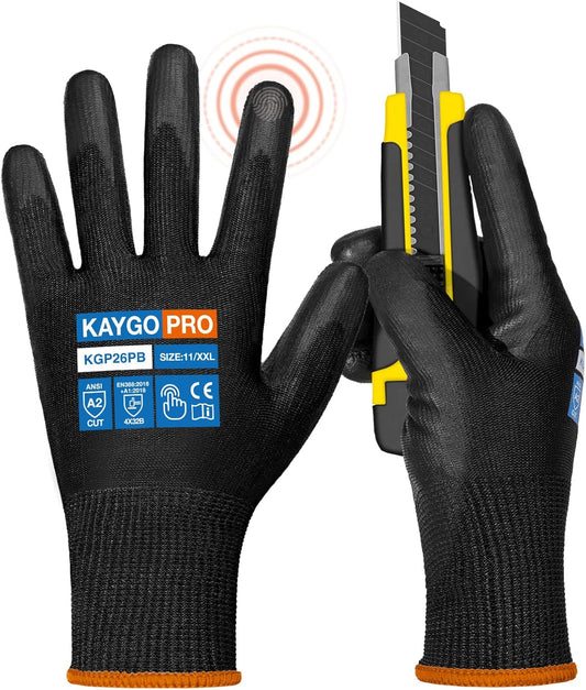 KAYGO Cut Resistant Gloves PU Coated, 12 Pairs Safety Work Gloves with full fingers Touchscreen, ANSI Cut Level A2, for Men and Women, Ideal for General Duty Work KG11P, Black,2XL