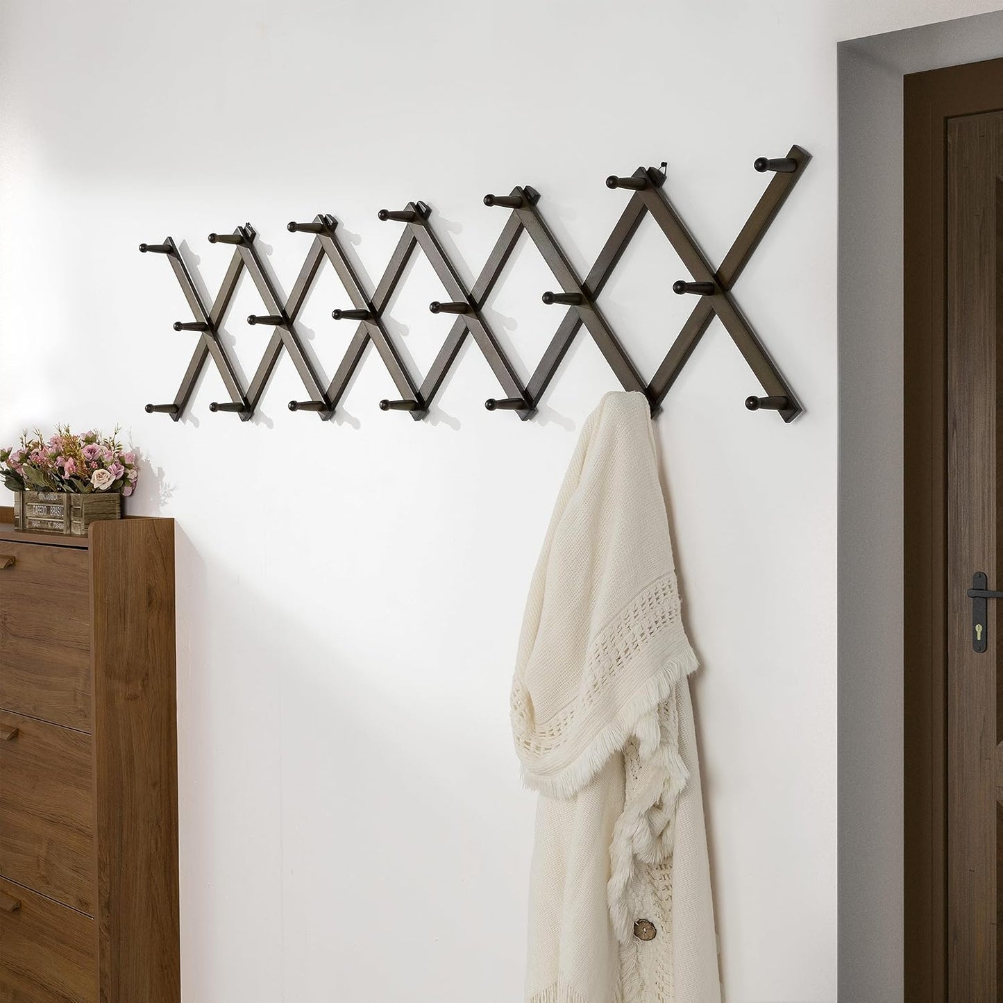 Dseap Accordion Wall Hanger:16'' High Wooden Wall Expandable Coat Rack,Hat Rack Holder,Accordion Hook for Baseball Caps,Coats,20 Peg Hooks,Dark Walnut