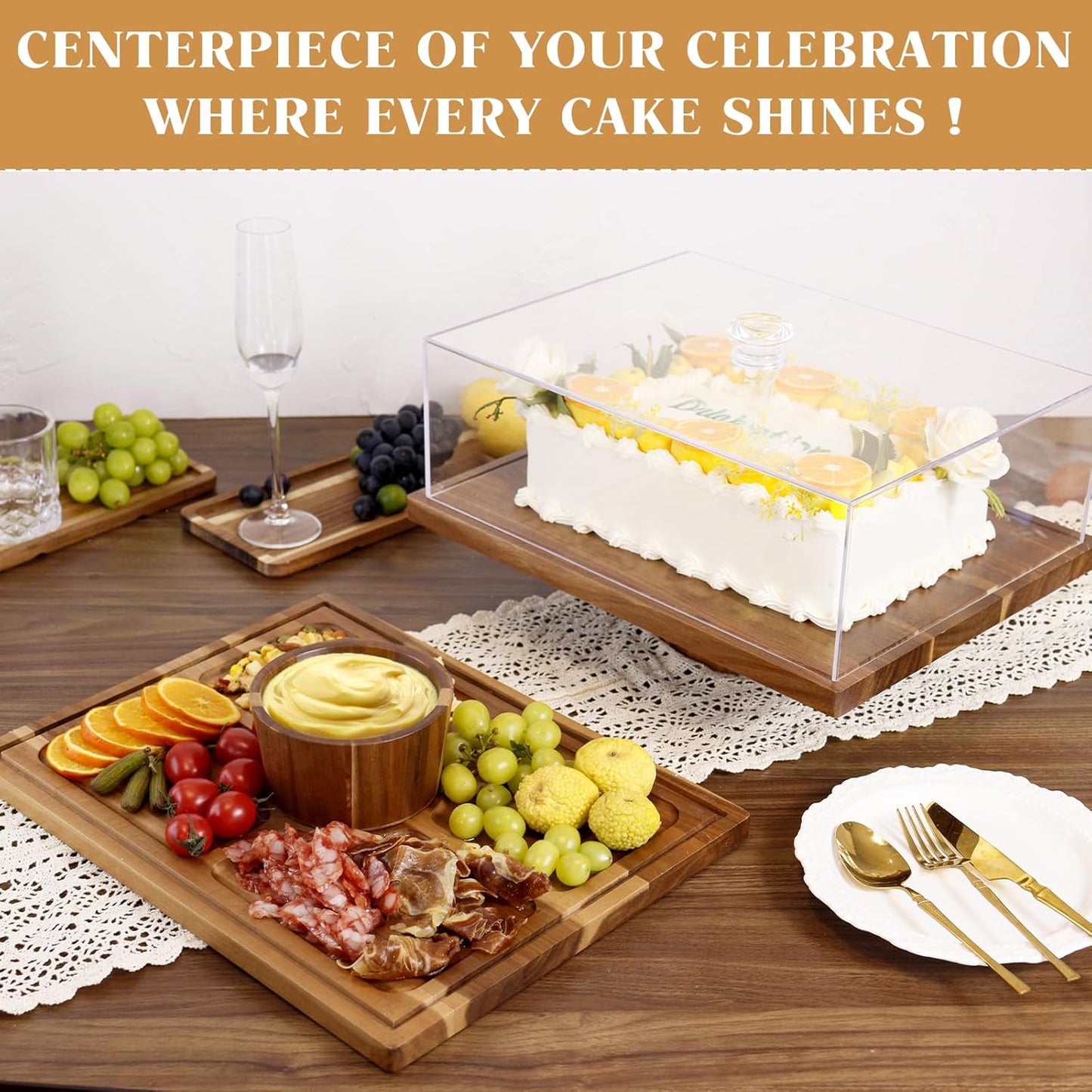Acacia Wood Cake Stand with Lid - 17" Rectangular 2-in-1 Serving Board & Dessert Display, Shatterproof Acrylic Cake Dome Cover(5.1" high), Charcuterie Platter for Cheese, Fruit, Appetizers (17 inch)