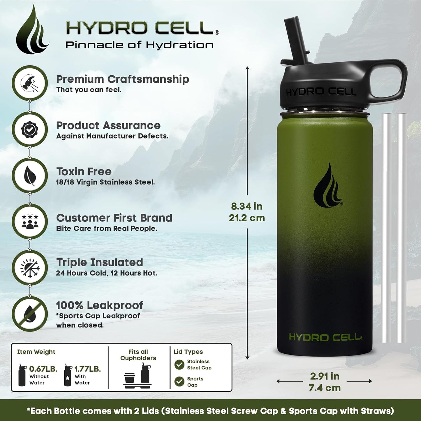HYDRO CELL Stainless Steel Insulated Water Bottle with Straw - For Cold & Hot Drinks - Metal Vacuum Flask with Screw Cap and Modern Leakproof Sport Thermos for Adults (Army/Black 18oz)