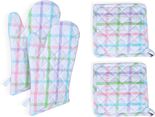 Native Fab 4 Piece Set - 2 Oven Mitts & 2 Potholders, Heat Resistant, 100% Cotton, Quilted Design, Non-Slip Grip, Ideal for Baking, Cooking, BBQ, Kitchen Protection, Multi-Color Checks