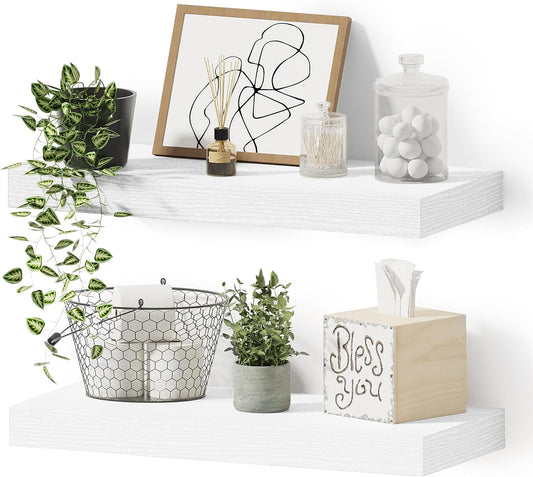 Vivelove Bathroom Floating Shelves for Wall, 16 inchs x 6.7” deep x 1.4” Wall Shelf for Bedroom, Living Room, Kitchen, Office Home Decor, Narrow Wood Shelves with Invisible Brackets - Set of 2, White