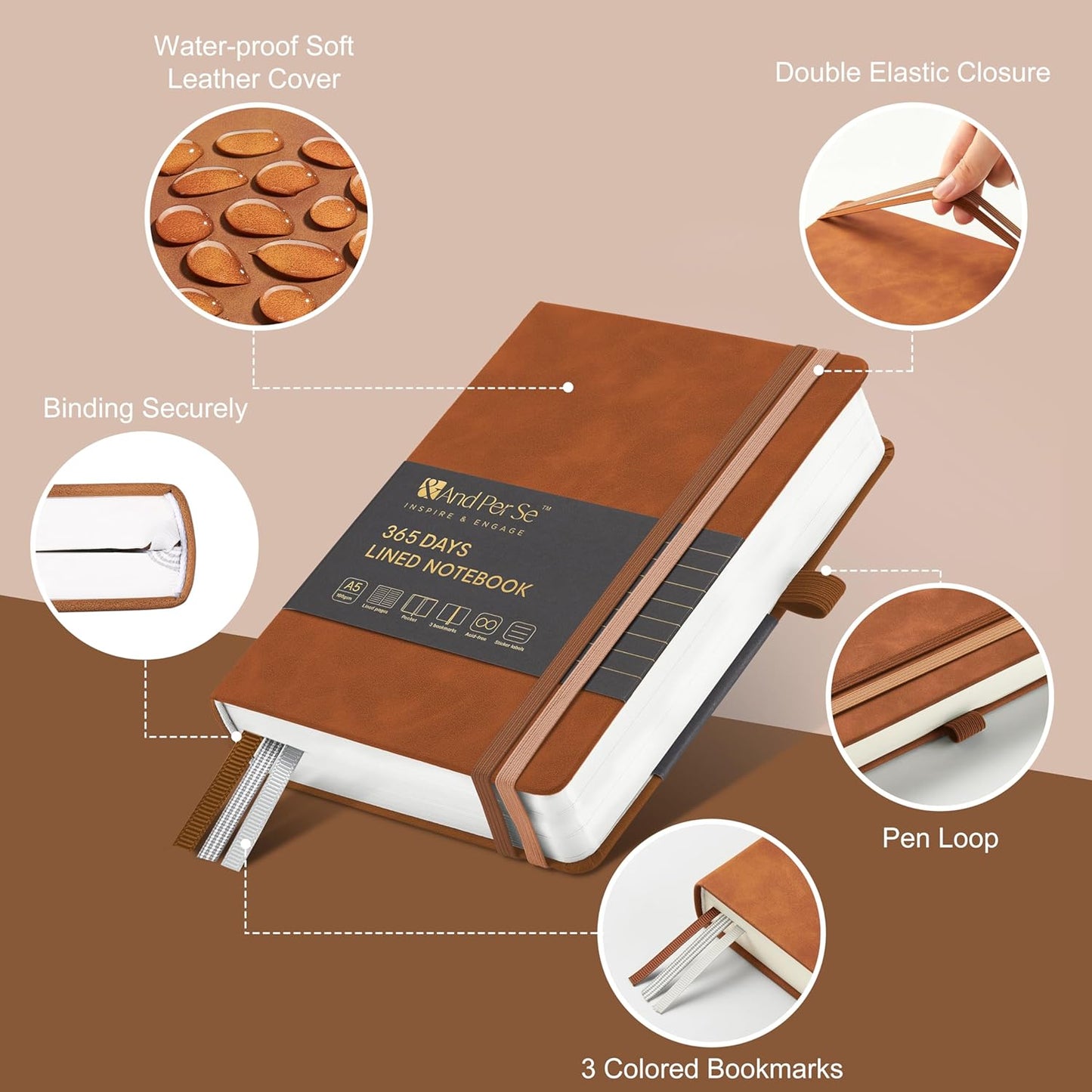 &And Per Se Lined Journal Notebook, 365 Pages, A5, 5.7'' x 8'' 100GSM Thick Paper, Journals for Writing, Hardcover Notebooks for Women Men (Brown)