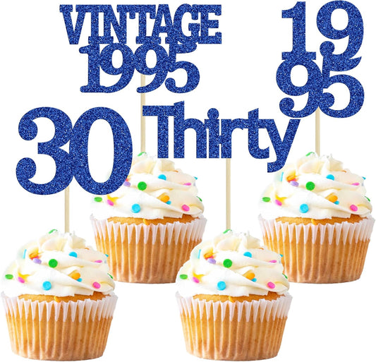 Gyufise 24Pcs Vintage 1995 Cupcake Toppers Cheers to 30 Fabulous Thirty Cupcake Picks Decorations for 30th Birthday Wedding Anniversary Party Supplies Deep Blue